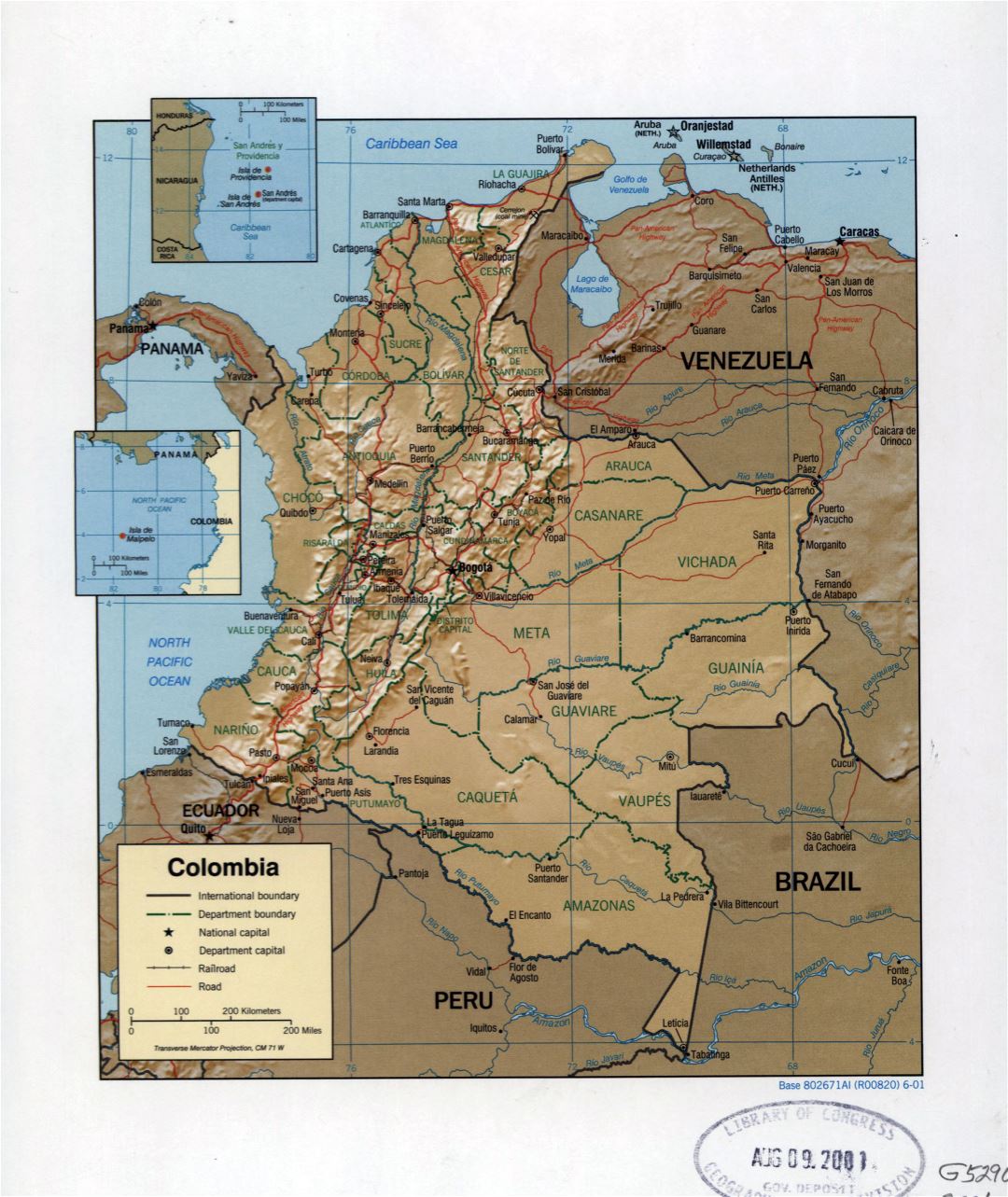 Большая детальная политическая и административная карта Колумбии с рельефом, пометками городов, дорог и железных дорог - 2001