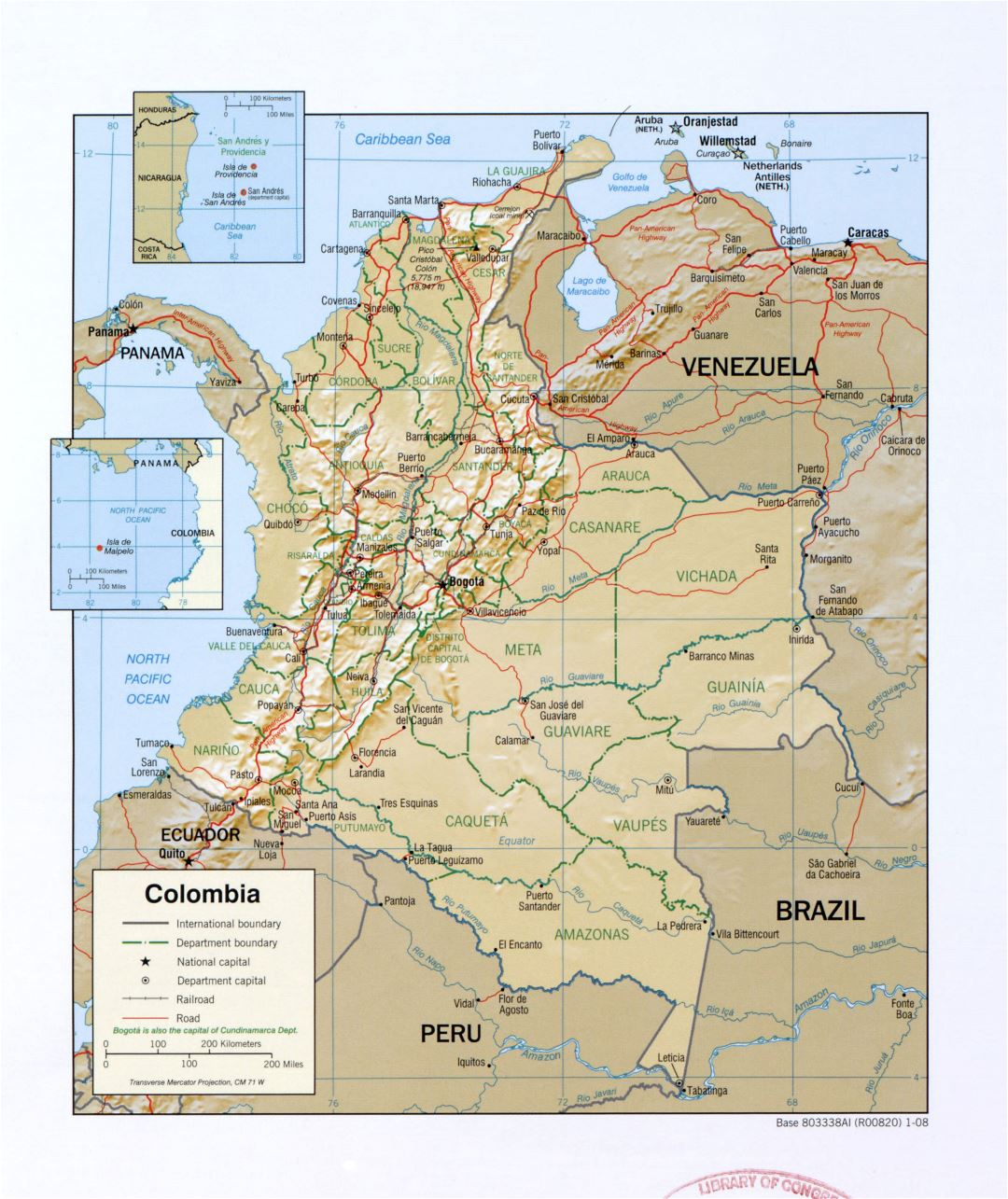 Большая подробная политическая и административная карта Колумбии с рельефом, пометками крупных городов, дорог и железных дорог - 2008