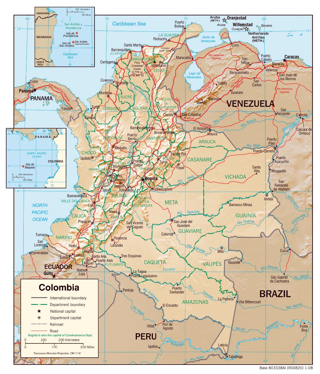 Большая детальная политическая и административная карта Колумбии с рельефом, дорогами и крупными городами - 2008