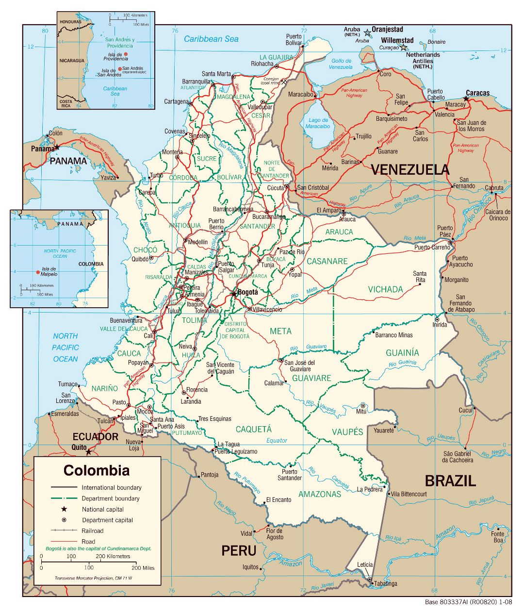 Большая детальная политическая и административная карта Колумбии с дорогами и крупными городами - 2008