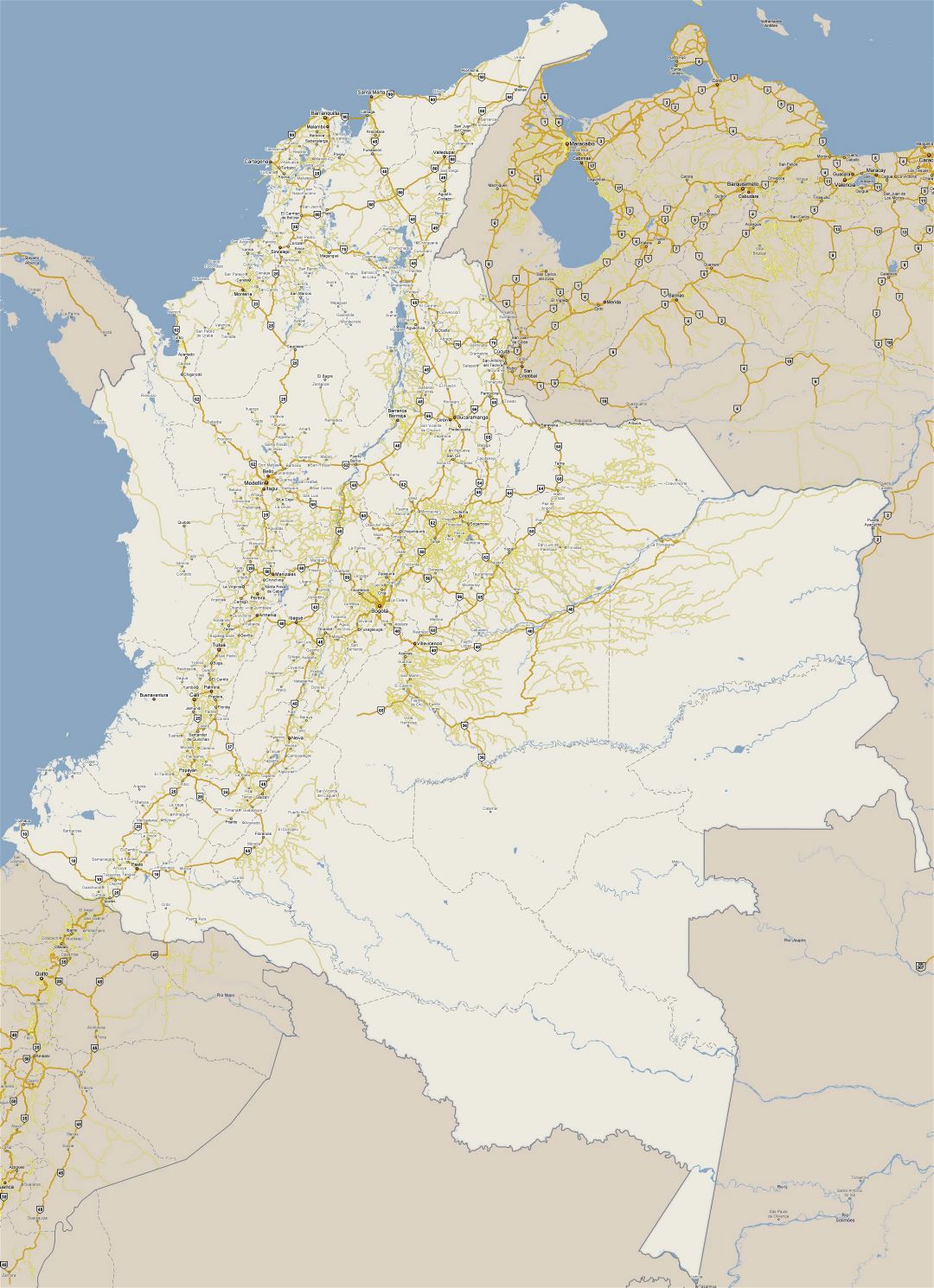 Большая детальная карта дорог Колумбии с городами