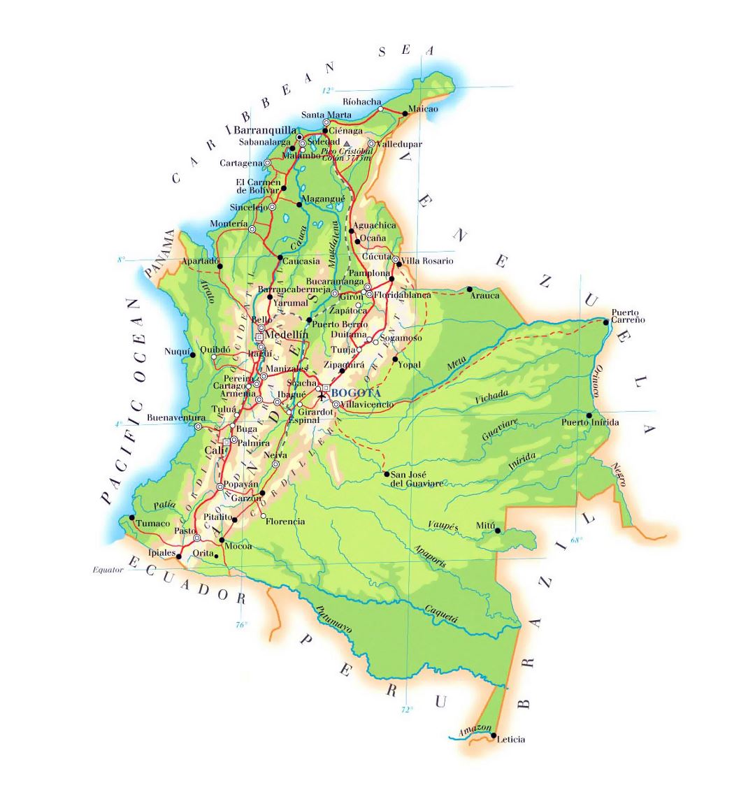 Большая карта высот Колумбии с дорогами, городами и аэропортами