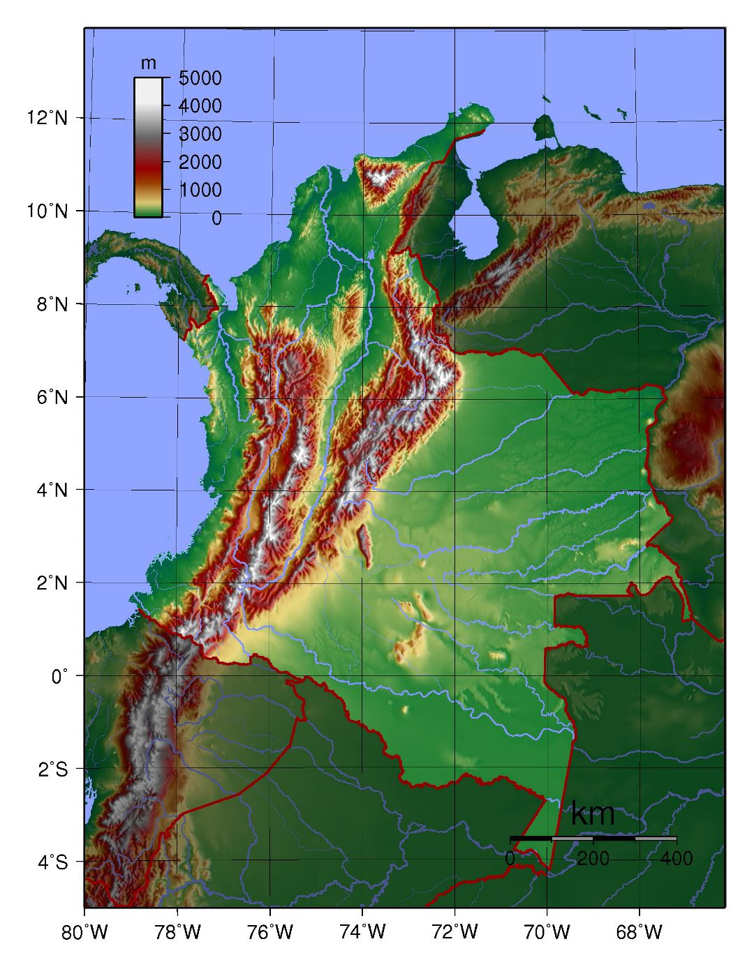 Большая физическая карта Колумбии