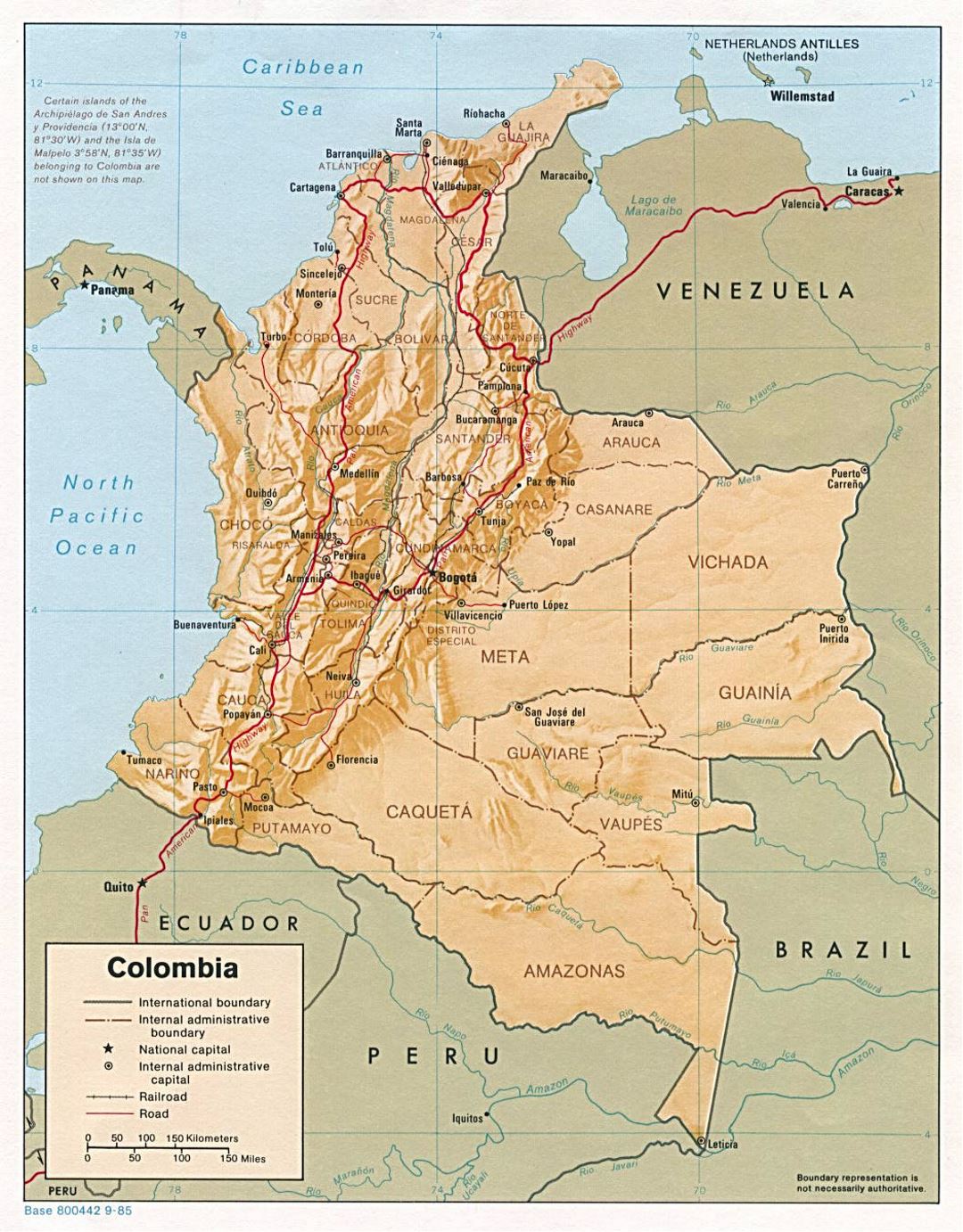 Большая политическая и административная карта Колумбии с рельефом, дорогами и крупными городами - 1985