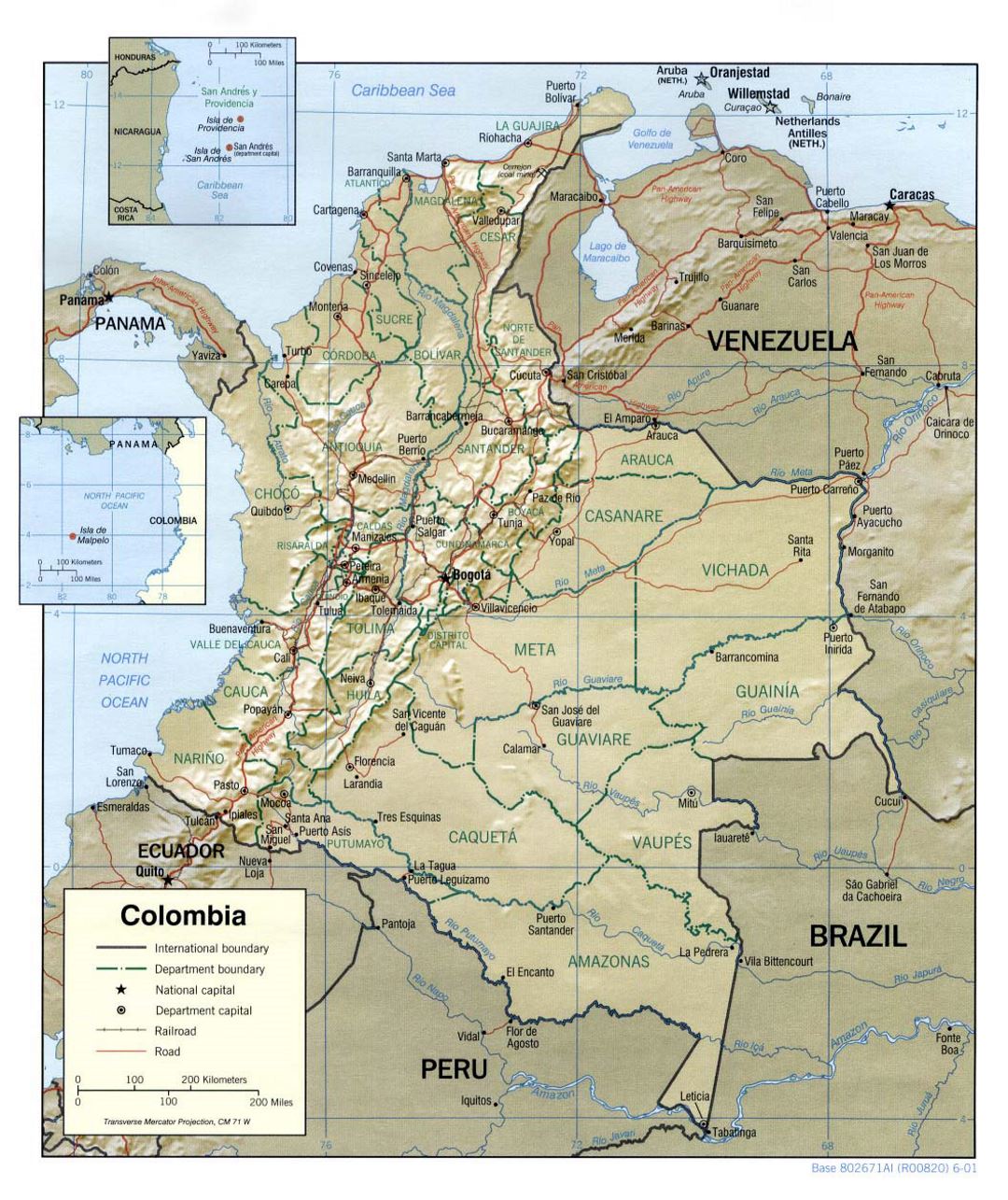 Большая политическая и административная карта Колумбии с рельефом, дорогами и крупными городами - 2001