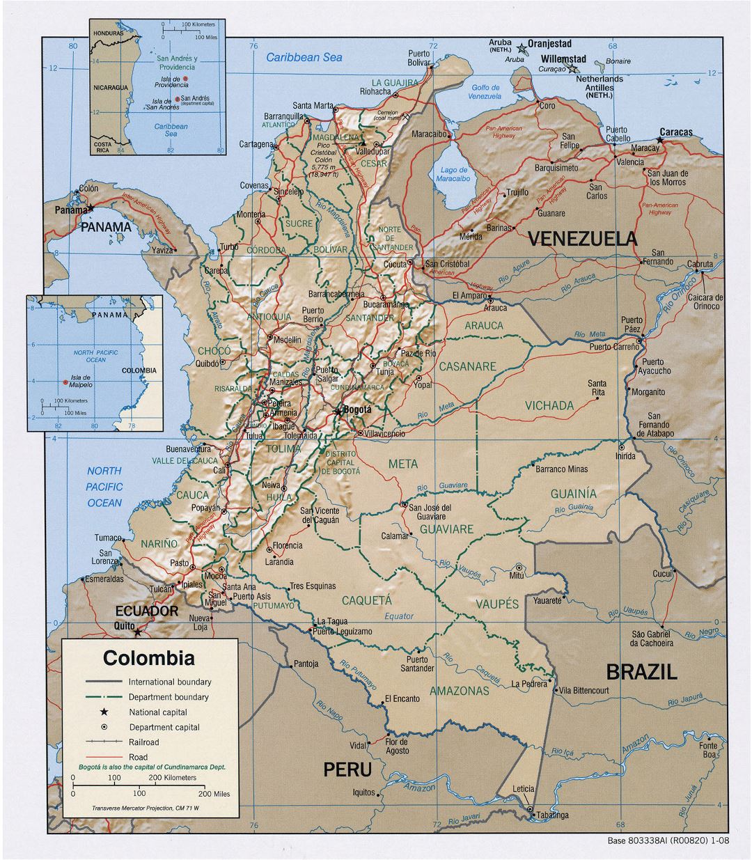 Большая политическая и административная карта Колумбии с рельефом, дорогами и крупными городами - 2008