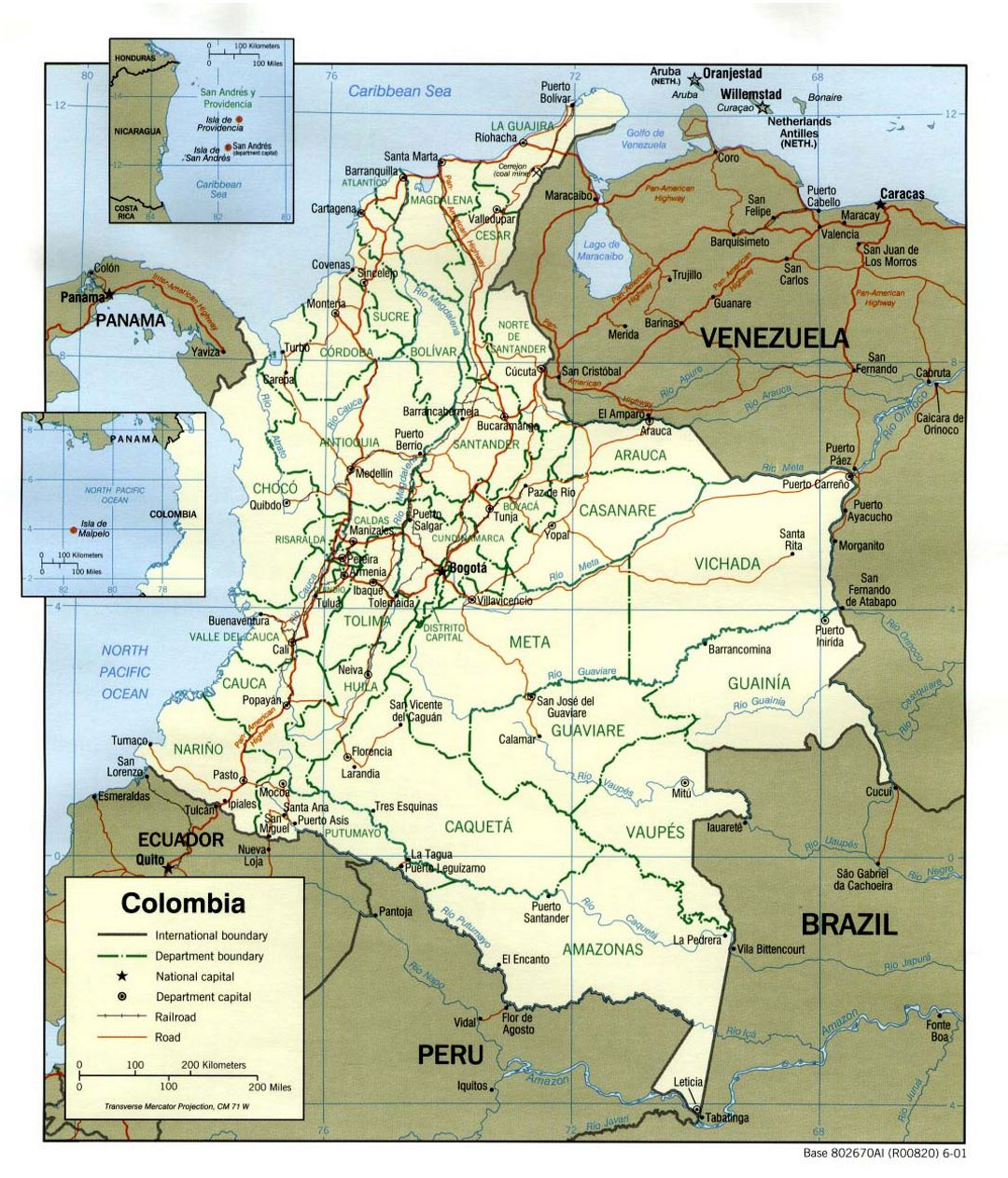 Большая политическая и административная карта Колумбии с дорогами и крупными городами - 2001