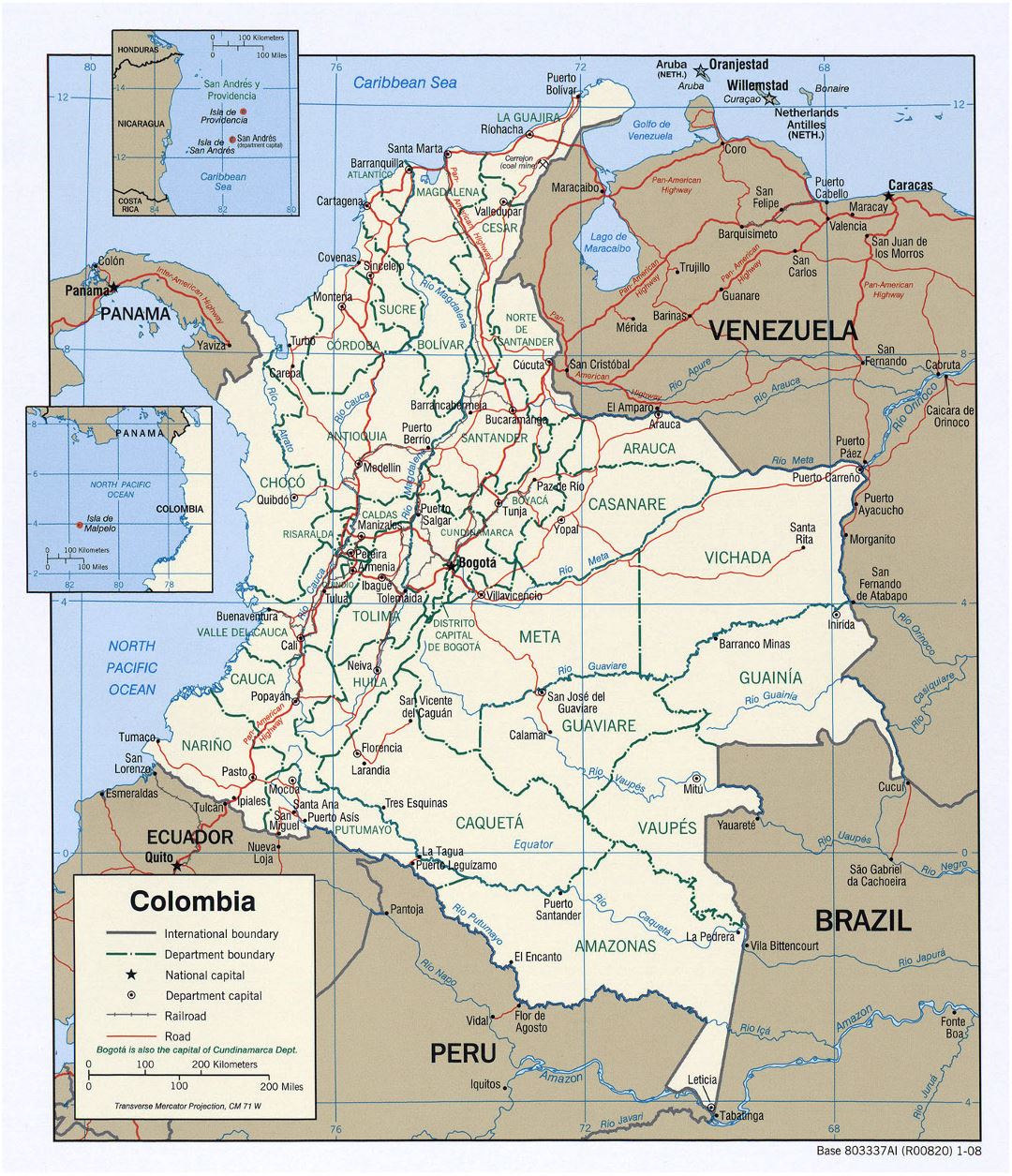 Большая политическая и административная карта Колумбии с дорогами и крупными городами - 2008