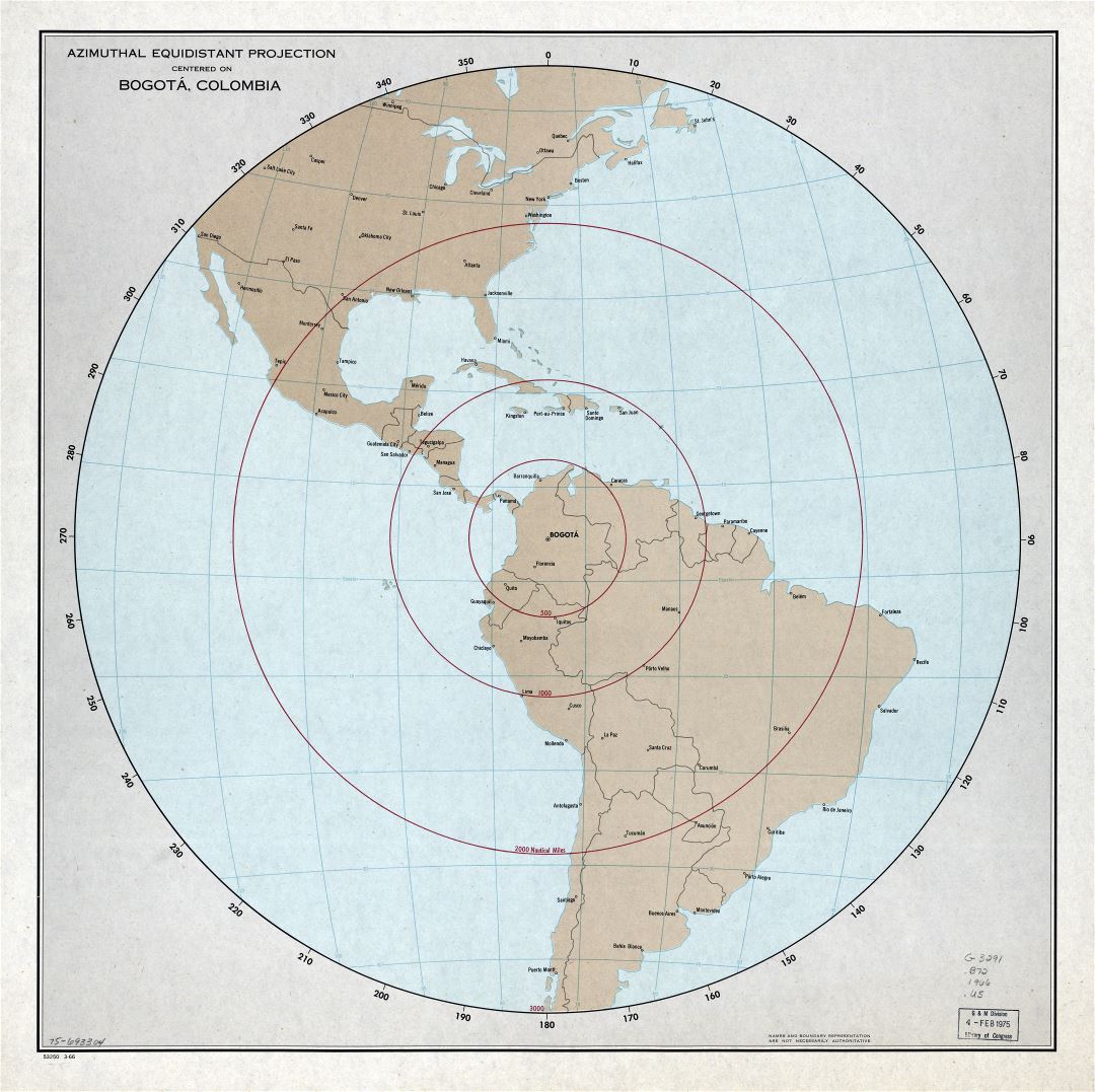 Крупномасштабная подробная карта азимутальной эквидистантной проекции с центром в Боготе, Колумбия - 1966