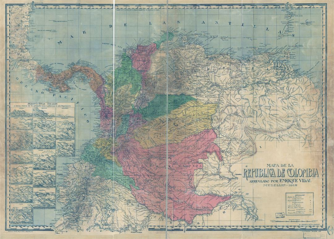 Крупномасштабная детальная старая карта Колумбии с рельефом и другими пометками - 1912