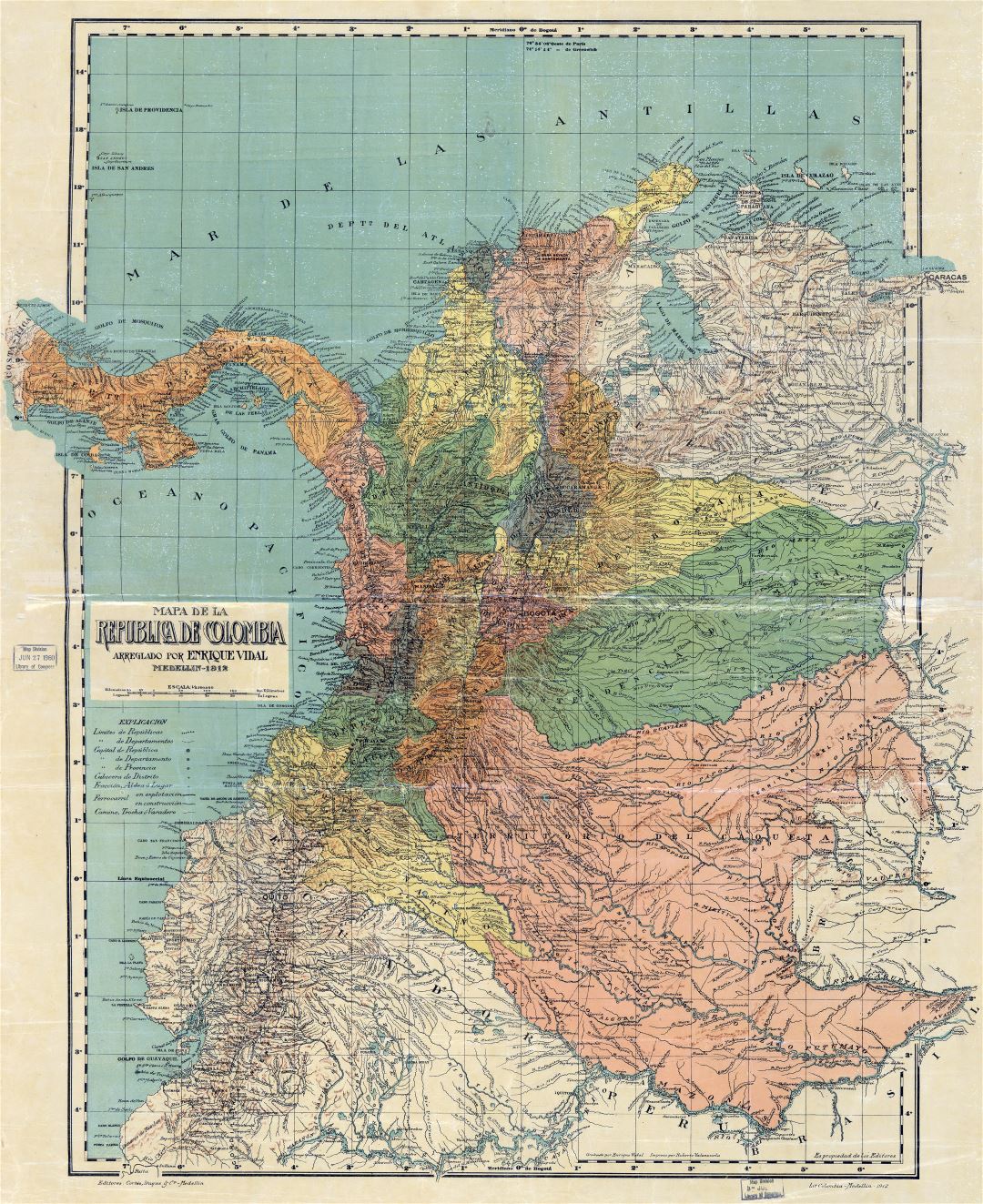 Крупномасштабная детальная старая политическая и административная карта Колумбии с рельефом и другими пометками - 1912