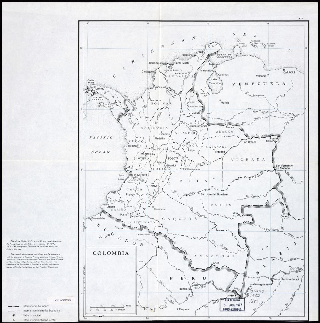Крупномасштабная политическая и административная карта Колумбии - 1950