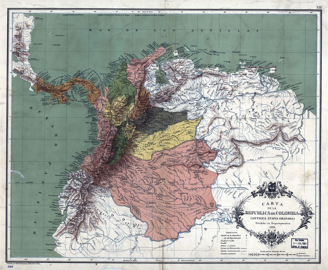 Крупномасштабная винтажная карта Колумбии - 1886