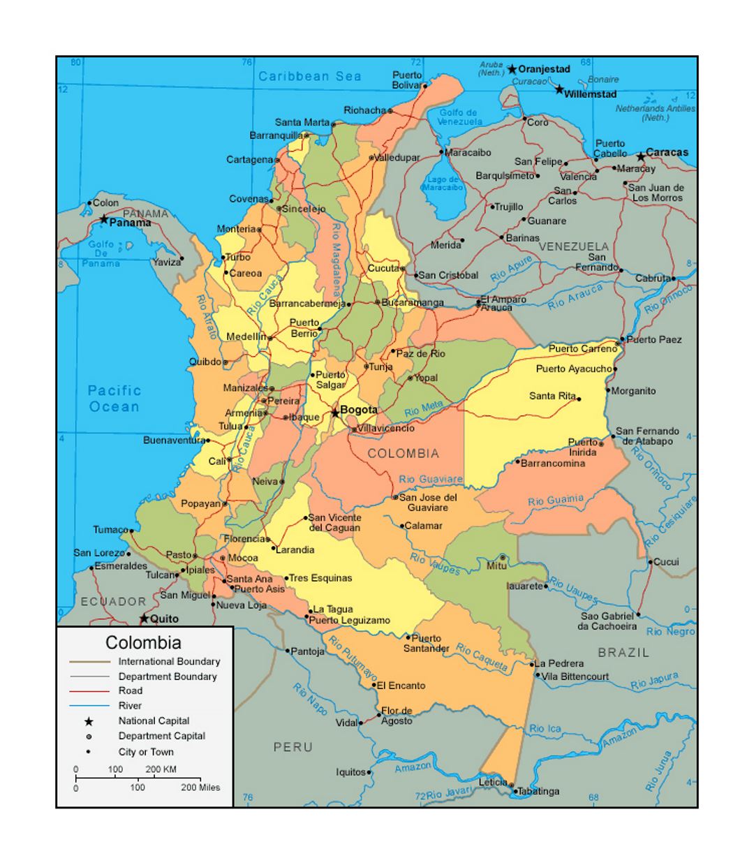 Политическая и административная карта Колумбии с дорогами и крупными городами
