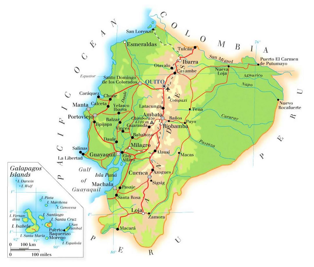 Подробная физическая карта Эквадора с дорогами, городами и аэропортами