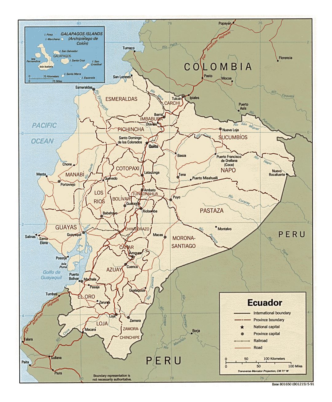 Детальная политическая и административная карта Эквадора с основными дорогами и крупными городами - 1991