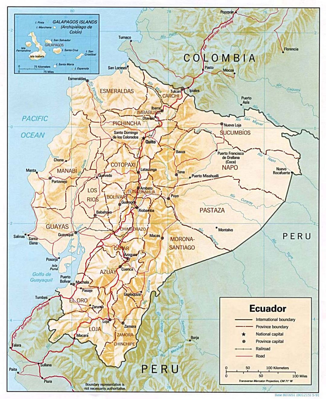 Детальная политическая и административная карта Эквадора с рельефом, основными дорогами и крупными городами - 1991