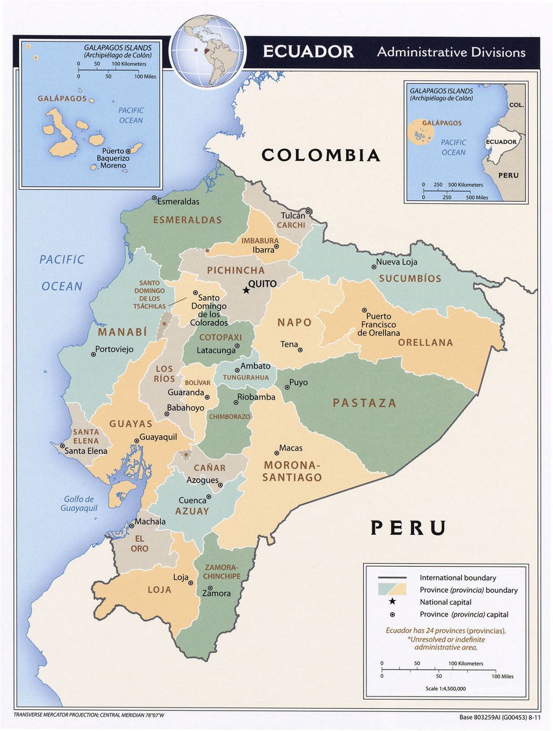 Большая детальная карта административных делений Эквадора с крупными городами - 2011