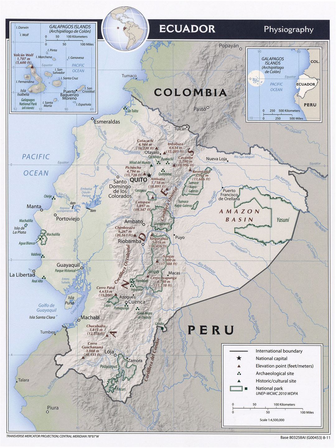 Большая подробная физиографическая карта Эквадора - 2011