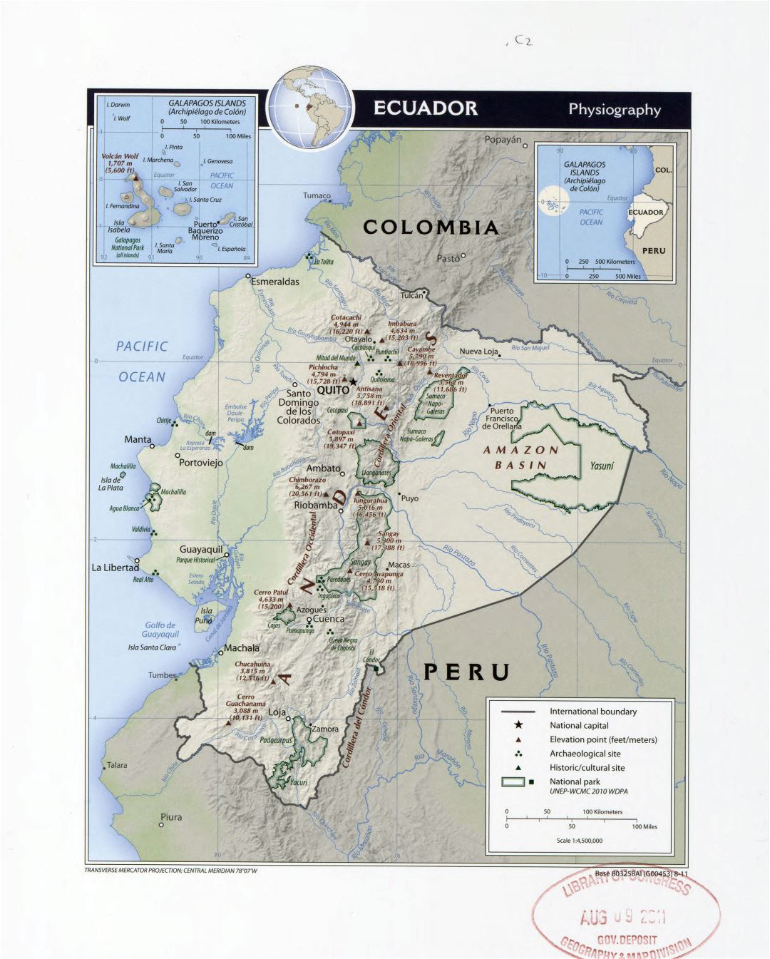 Большая детальная физиографическая карта Эквадора с другими пометками - 2011