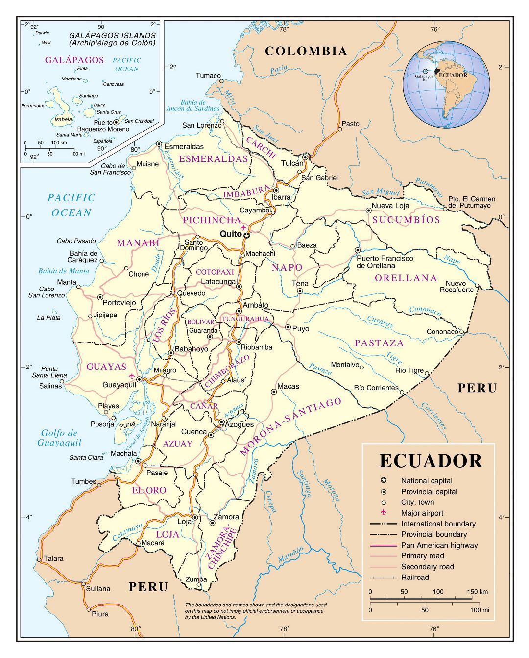 Большая подробная политическая и административная карта Эквадора с основными дорогами, крупными городами и аэропортами