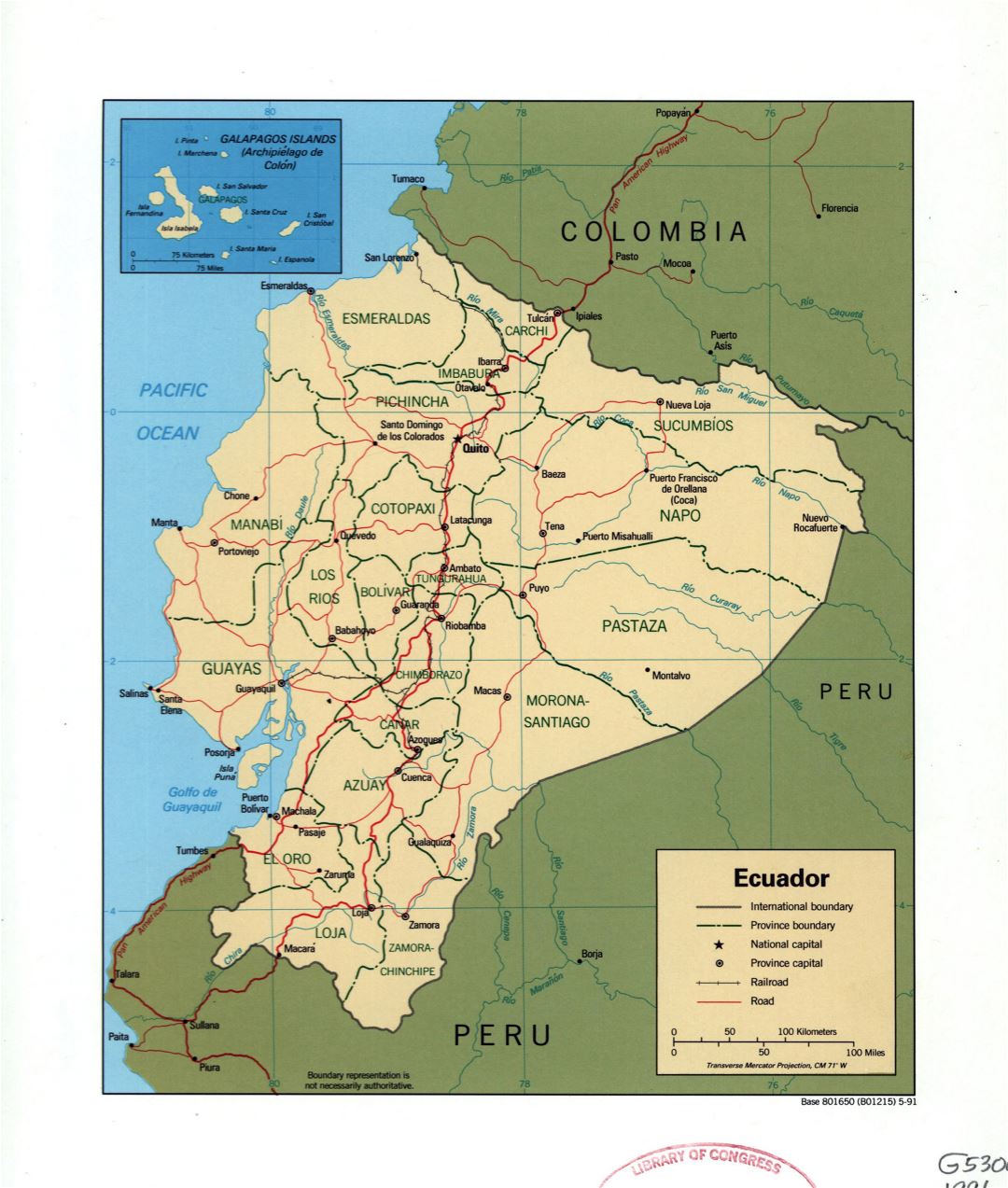 Большая подробная политическая и административная карта Эквадора с пометками городов, дорог и железных дорог - 1991
