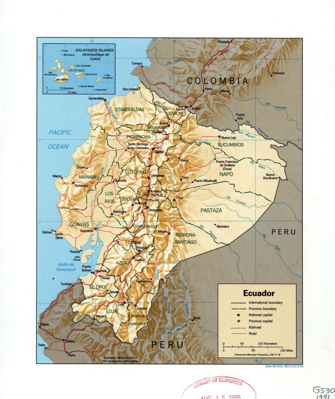 Большая детальная политическая и административная карта Эквадора с рельефом, пометками городов, дорог и железных дорог - 1991