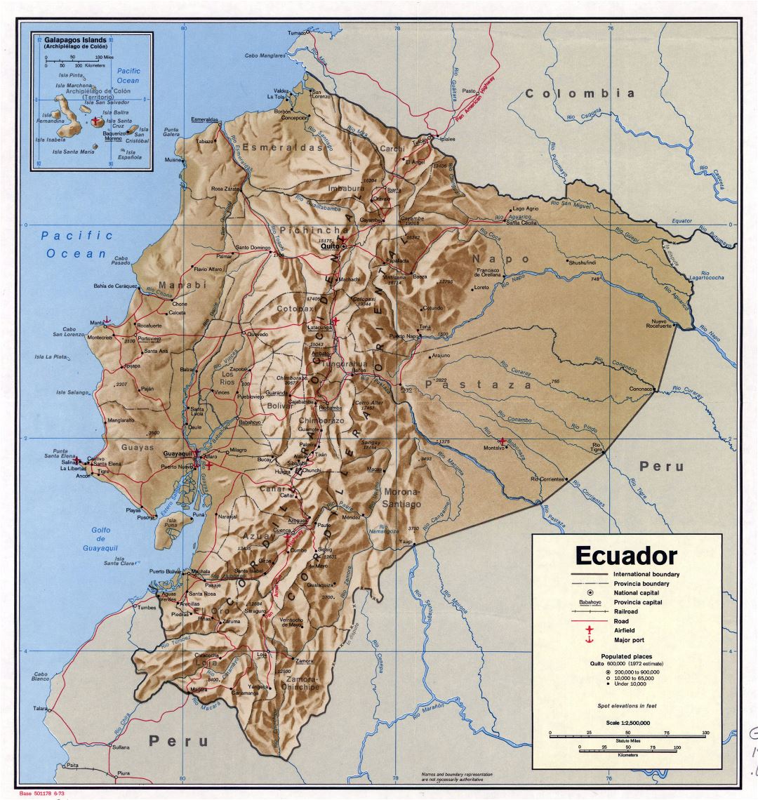 Большая подробная политическая и административная карта Эквадора с рельефом, дорогами, железными дорогами, городами, морскими портами и аэропортами - 1973