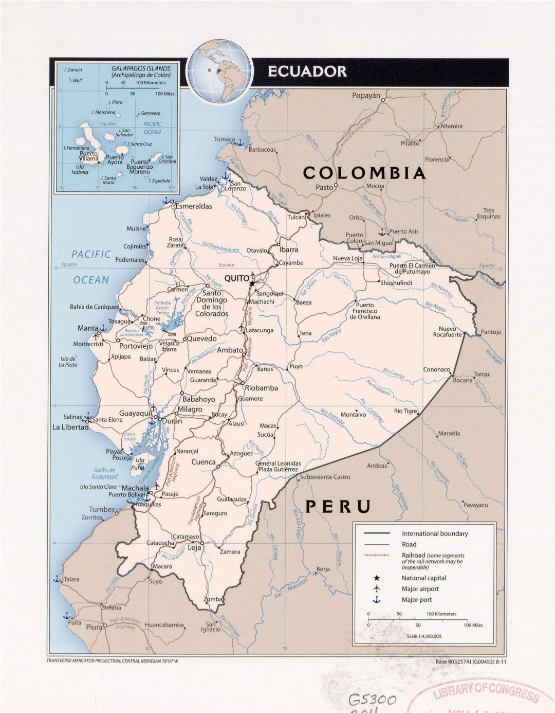 Большая детальная политическая карта Эквадора с пометками крупных городов, дорог, железных дорог, аэропортов и морских портов - 2011