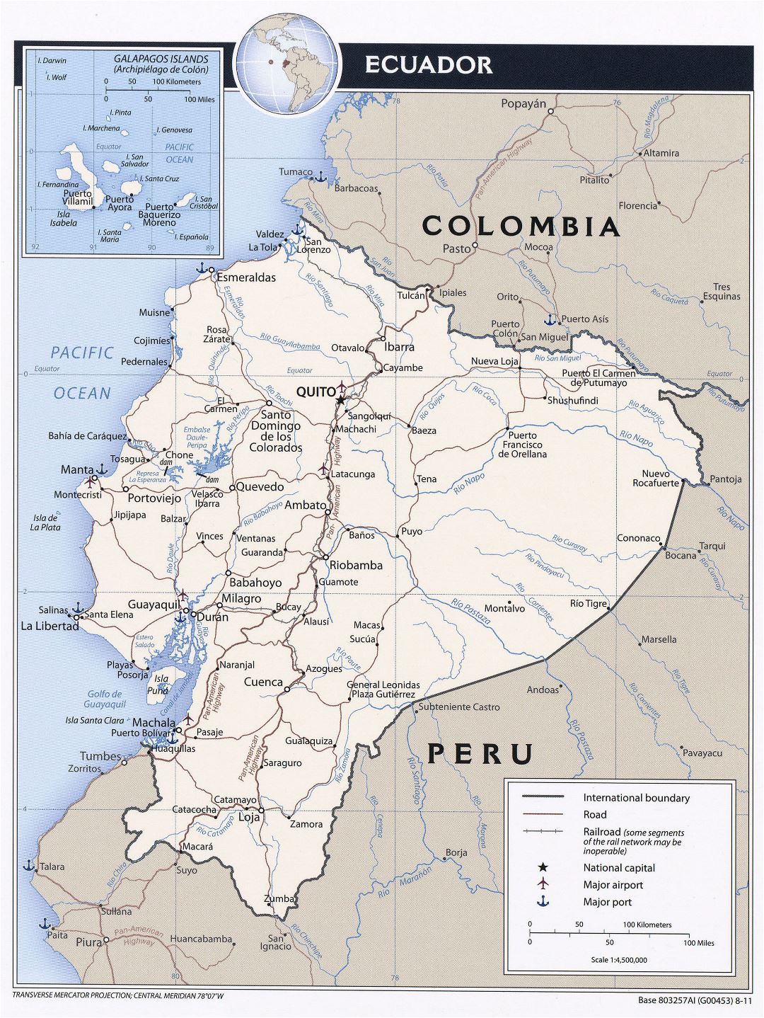 Большая детальная политическая карта Эквадора с дорогами, крупными городами и аэропортами - 2011