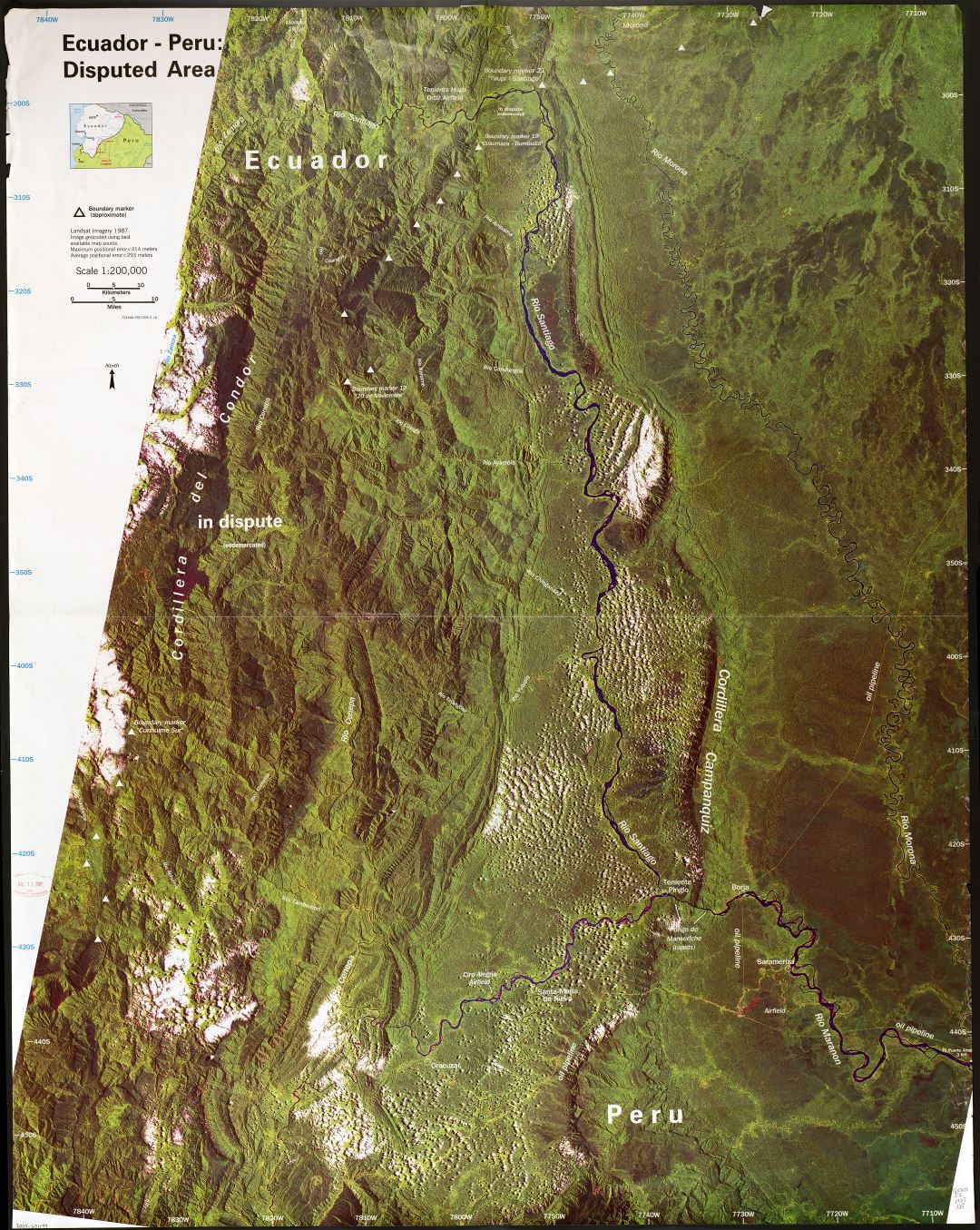 Большая детальная спутниковая карта Эквадор - Перу спорного района - 1987