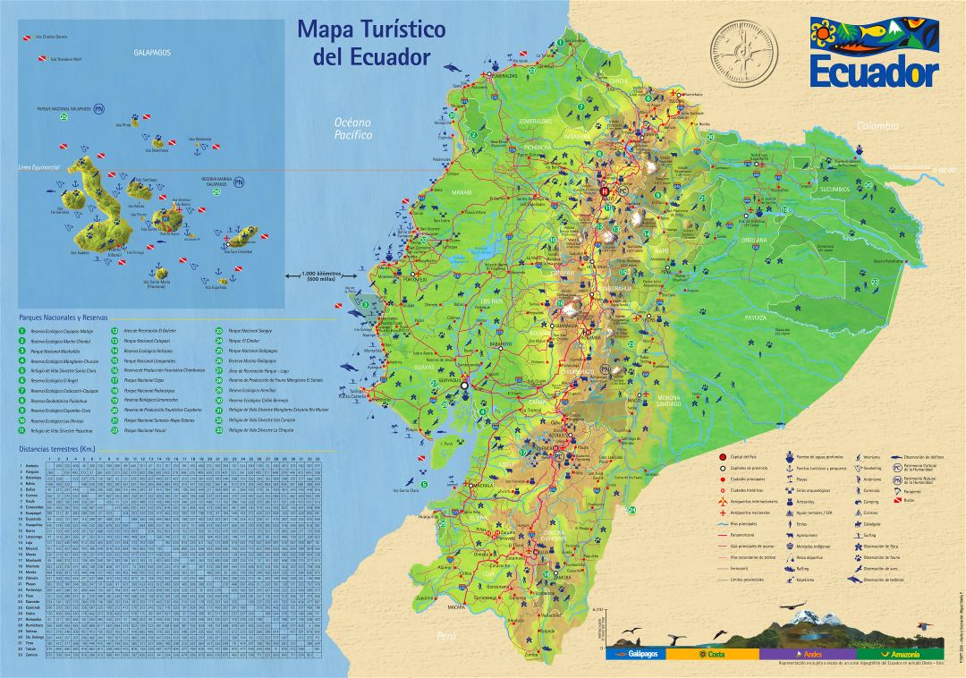 Большая детальная туристическая карта Эквадора с дорогами