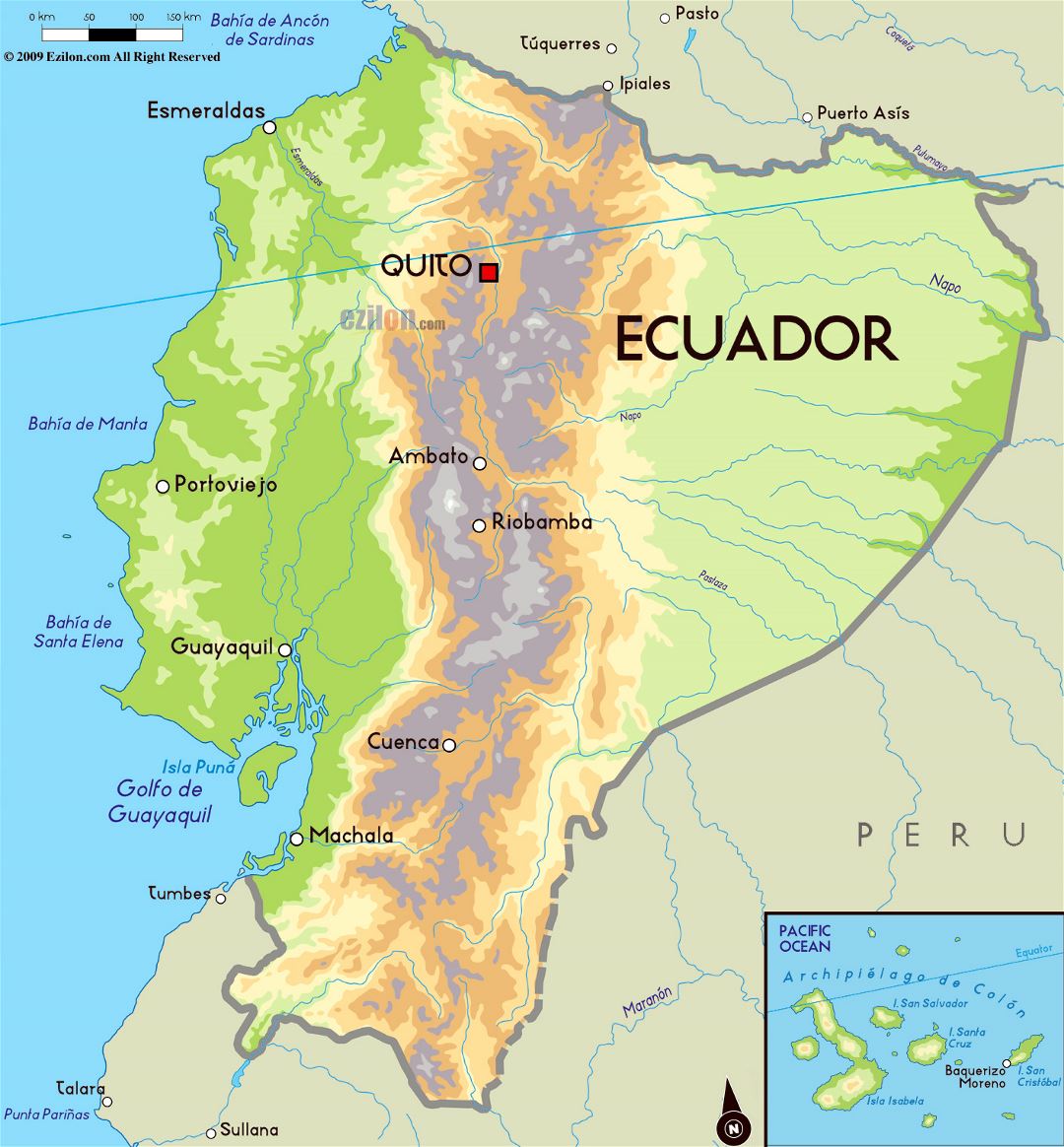 Большая физическая карта Эквадора с крупными городами