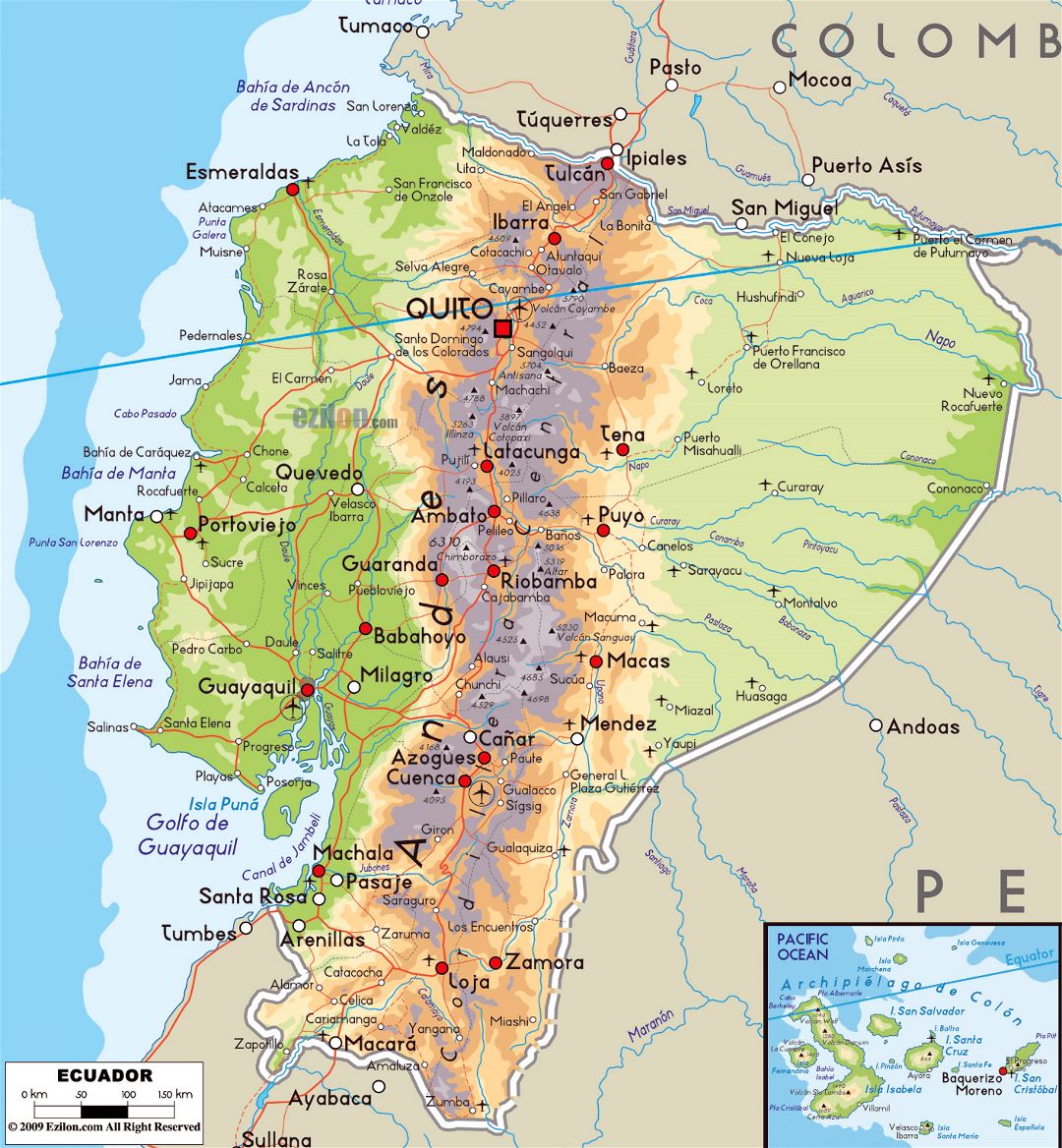 Большая физическая карта Эквадора с дорогами, городами и аэропортами