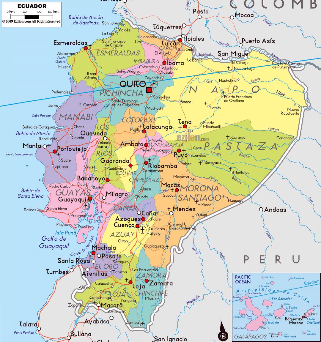 Большая политическая и административная карта Эквадора с дорогами, городами и аэропортами