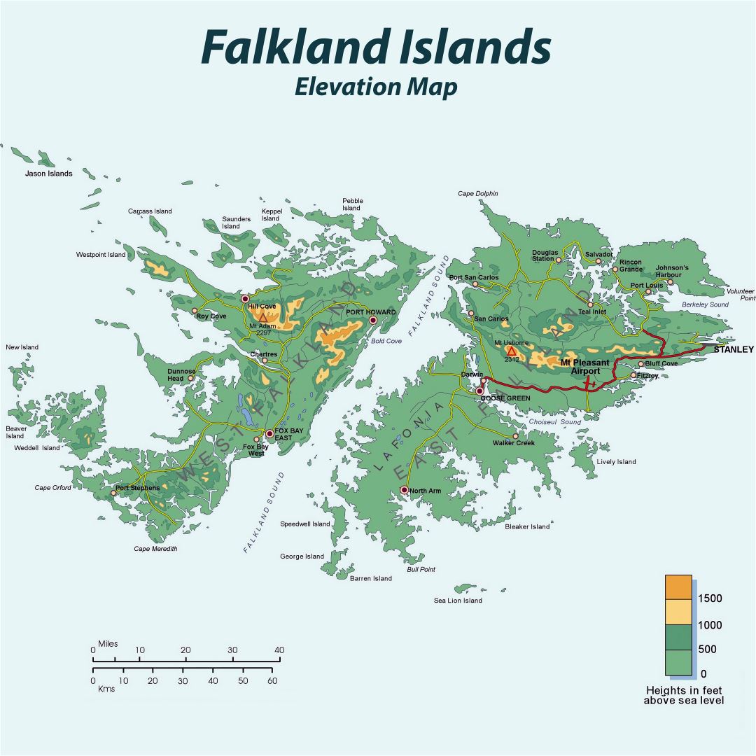 Большая детальная карта высот Фолклендских островов с дорогами и городами