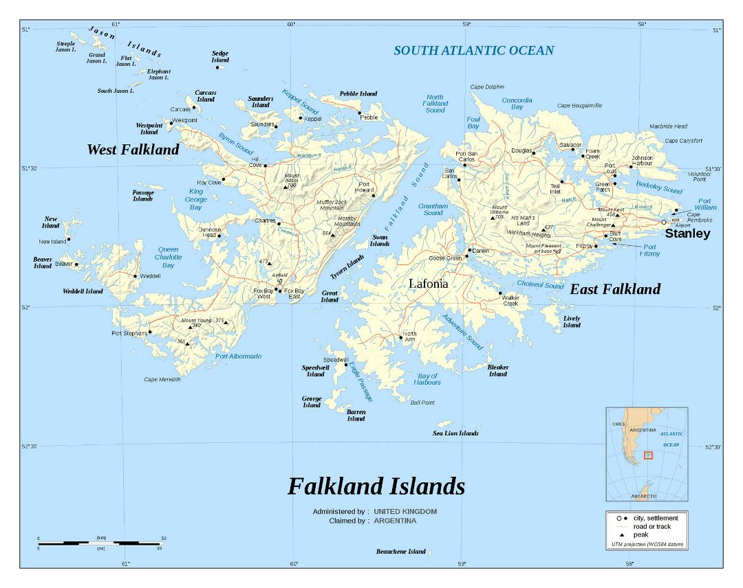 Большая подробная политическая карта Фолклендских островов с рельефом, дорогами и городами