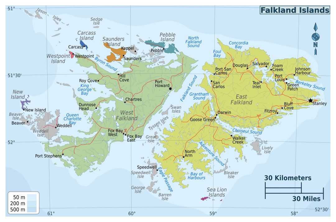 Большая детальная карта регионов Фолклендских островов с дорогами и городами