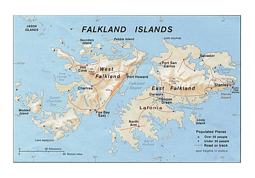 Большая политическая карта Фолклендских островов с рельефом, дорогами и городами