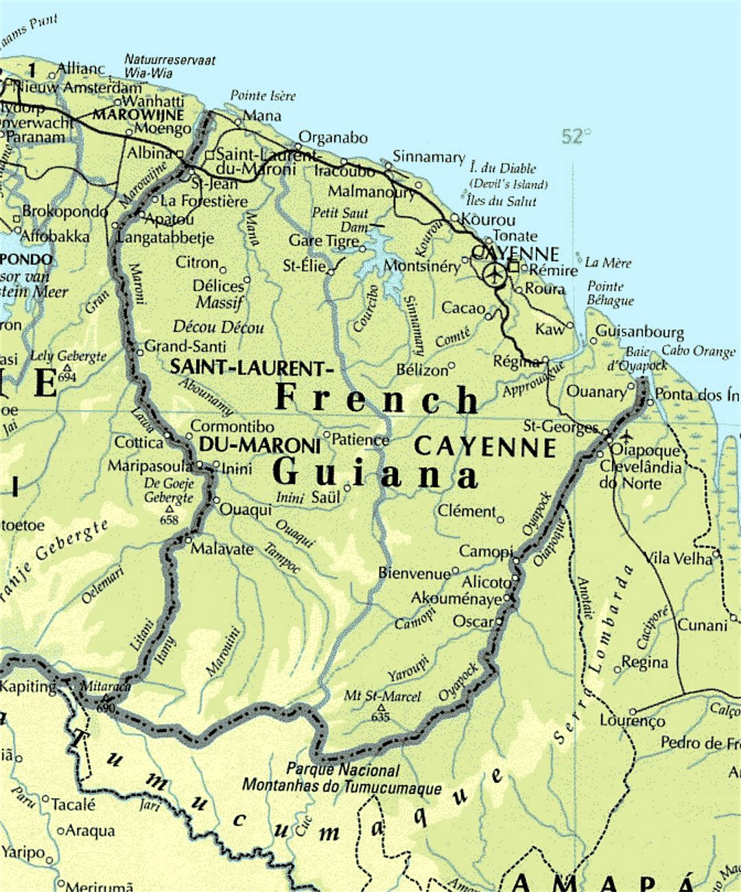 Подробная карта Французской Гвианы с дорогами и городами