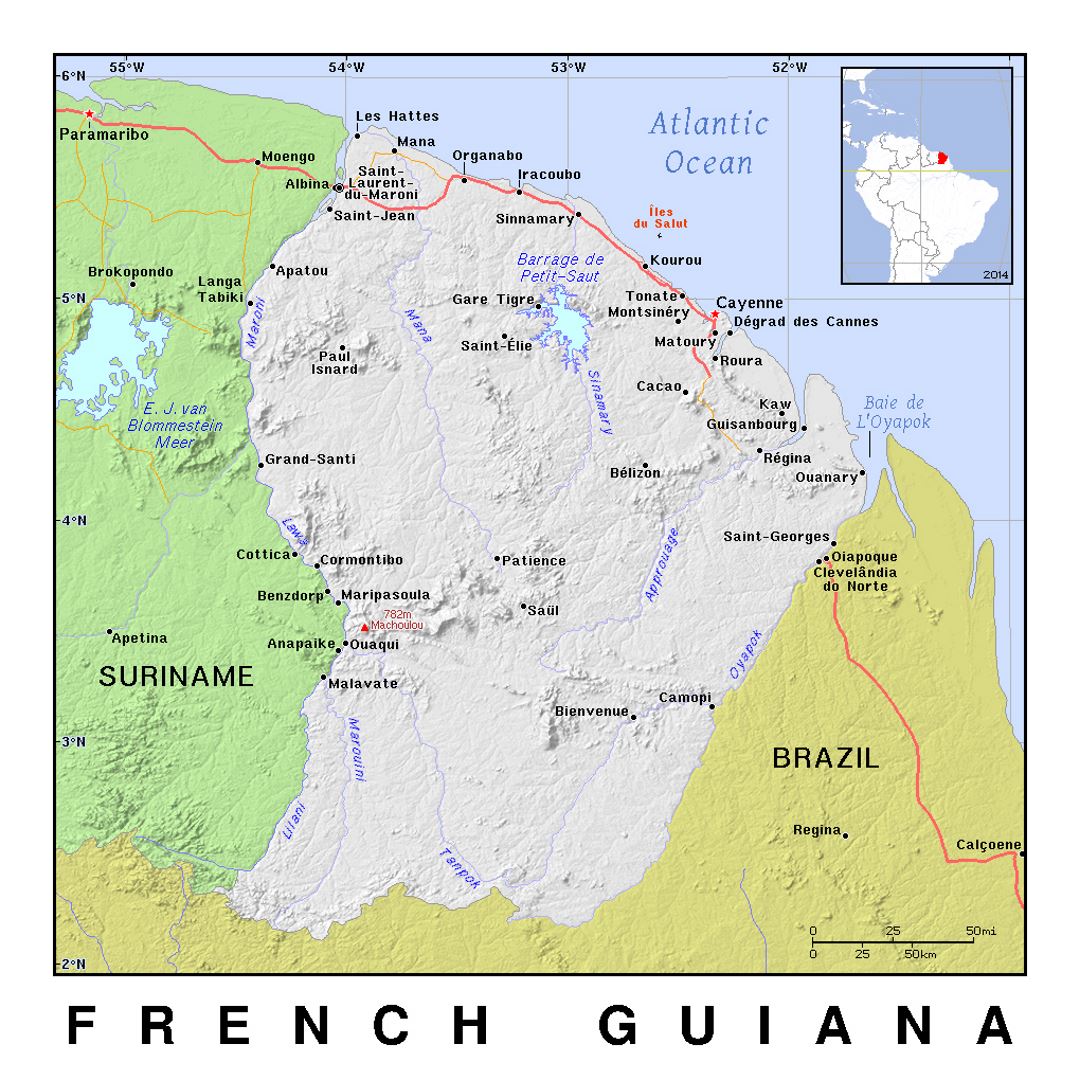 Детальная политическая карта Французской Гвианы с рельефом