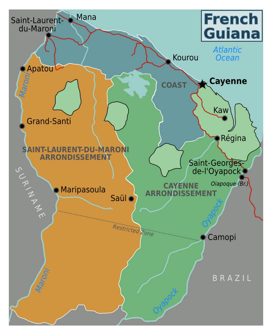 Детальная карта регионов Французской Гвианы