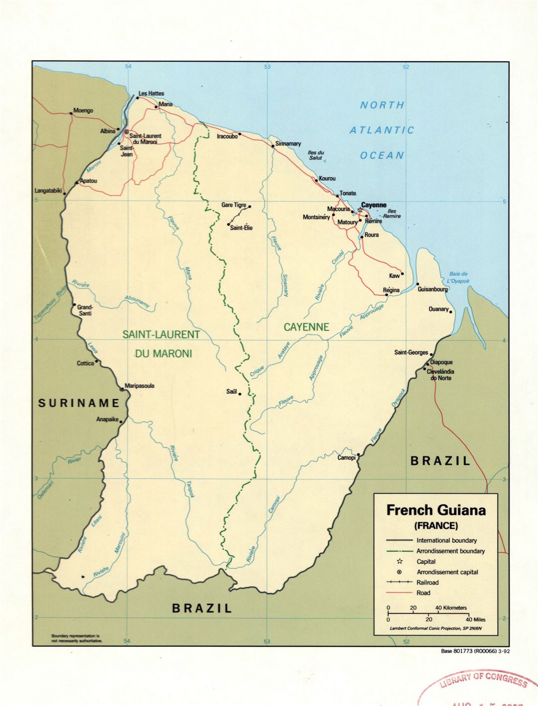 Большая детальная политическая и административная карта Французской Гвианы с пометками городов, дорог и железных дорог - 1992