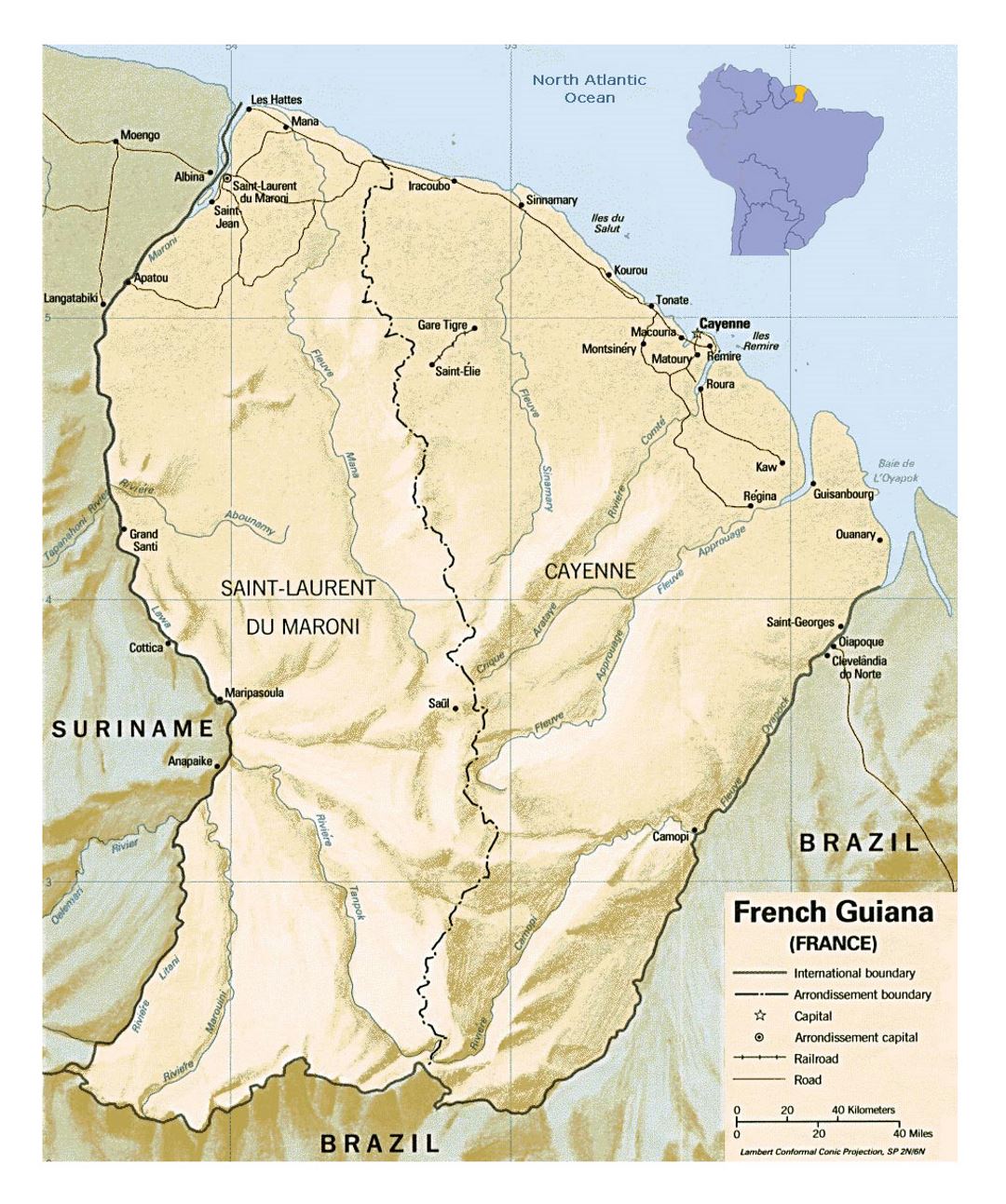 Большая политическая и административная карта Французской Гвианы с рельефом, дорогами и крупными городами