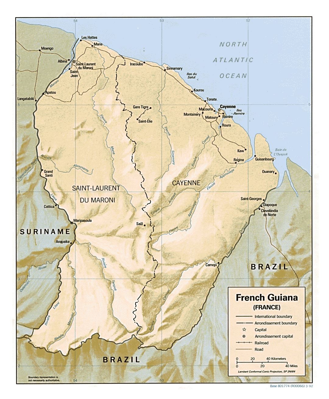 Большая политическая карта Французской Гвианы с рельефом, дорогами и городами - 1992