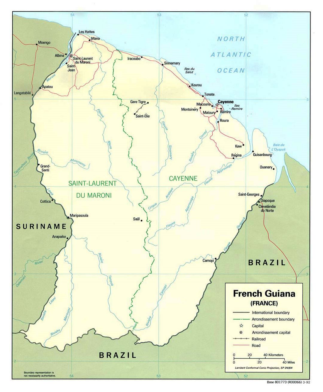 Большая политическая карта Французской Гвианы с дорогами и городами - 1992