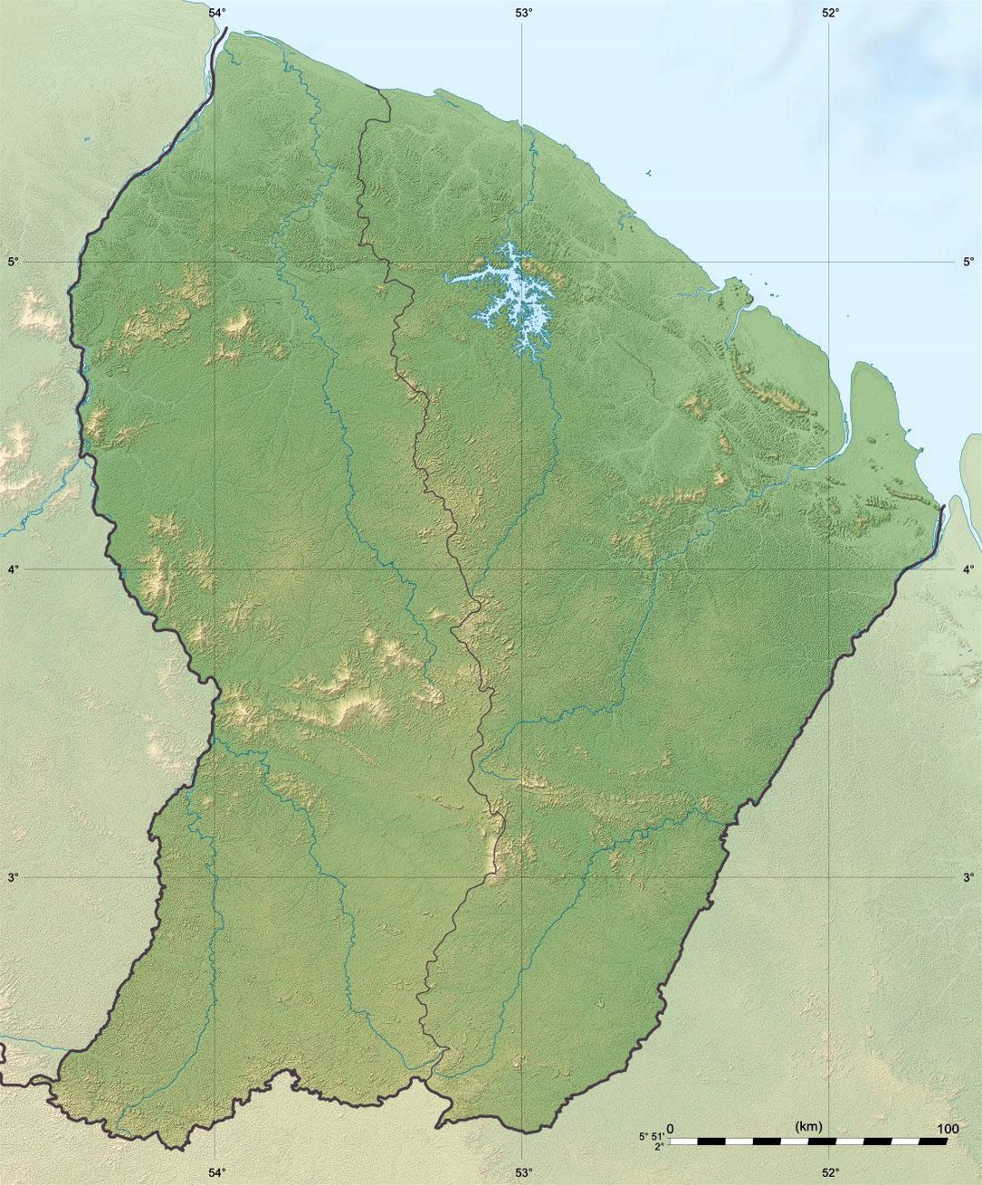 Большая карта рельефа Французской Гвианы