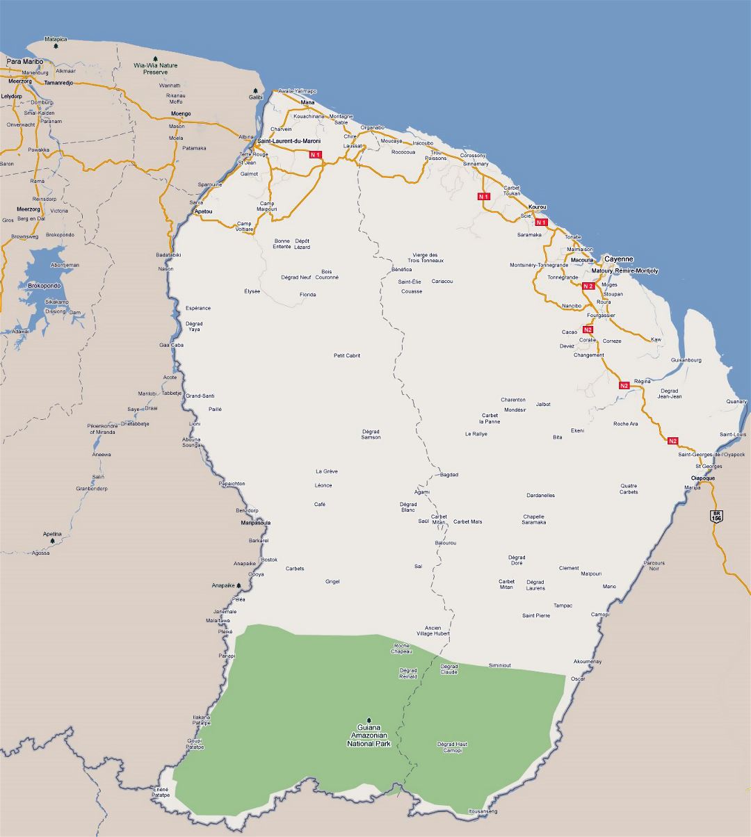 Большая карта дорог Французской Гвианы с городами
