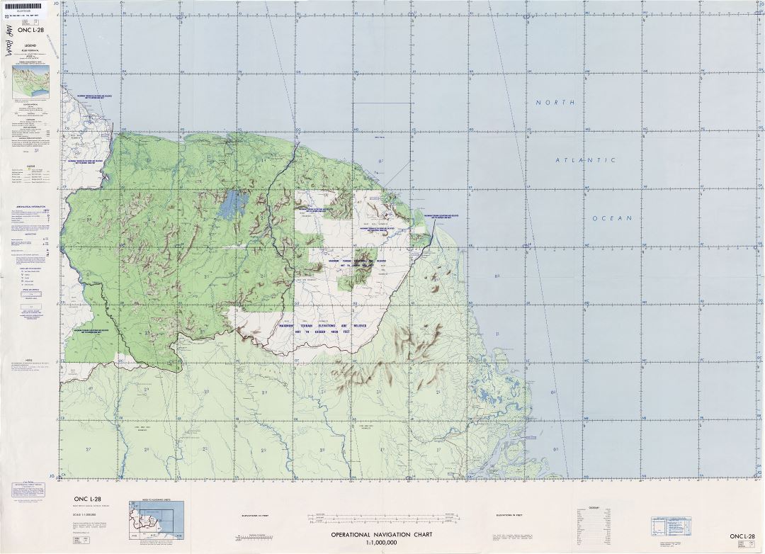 Крупномасштабная подробная топографическая карта Суринама и Французской Гвианы