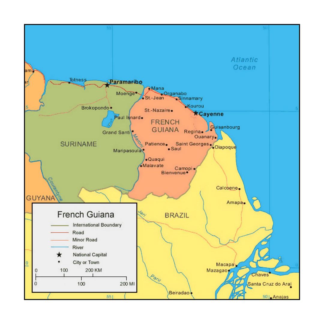 Политическая карта Французской Гвианы с городами